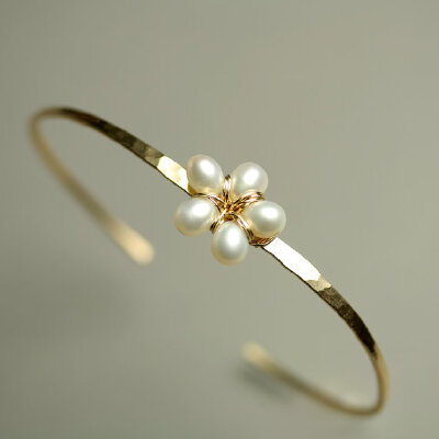 Pearl Flower Bangle Bracelet Gold Fill
