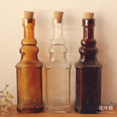 花时间 zakka杂货 玻璃浮雕四方插花瓶/花器/玻璃瓶 复古 软木塞
