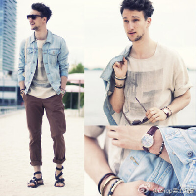 #男士街拍# 夹克：TOPMAN T恤：ZARA 裤子：H&amp;M 凉鞋：ALL SAINTS 表：URBAN OUTFITTERS 太阳镜：ZEROUV 饰品：TEVIN VINCENT/GILES AND BROTHER