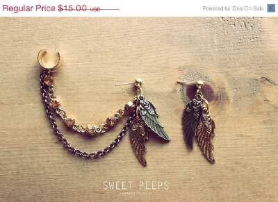 HOLIDAY SALE Gold Ear Cuff with Angel Wing Set and Beautiful Crystals, Bronze Chainmaille