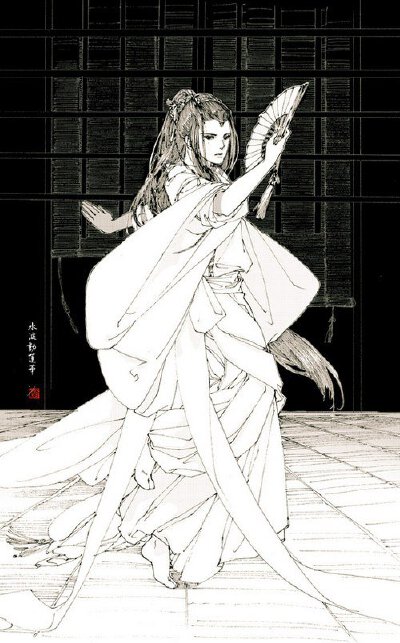 素雅的线稿类古风插画作品 一舞倾城
