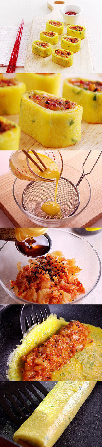 【鸡蛋泡菜卷】1.鸡蛋打入碗中打匀，放盐和大葱末；2.辣白菜要拧干汤水并切开，再放辣椒面、香料、黑芝麻、白糖；3.平锅放点油用小火煎鸡蛋,煎得差不多放用调料拌好的辣白菜；4.就像卷饼一样卷一下；5.切开食用即可…
