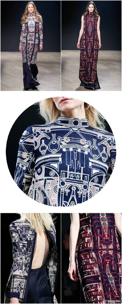 #2014秋冬伦敦时装周# 像Mary Katrantzou这样能把万事万物都做成漂亮衣裳的设计师就叫天才。从豪宅、邮票，到2014秋冬那些零零总总千奇百怪的标志徽章，都被她井井有条地整合进各式衣裳。并且这次她放弃了拿手的印花…
