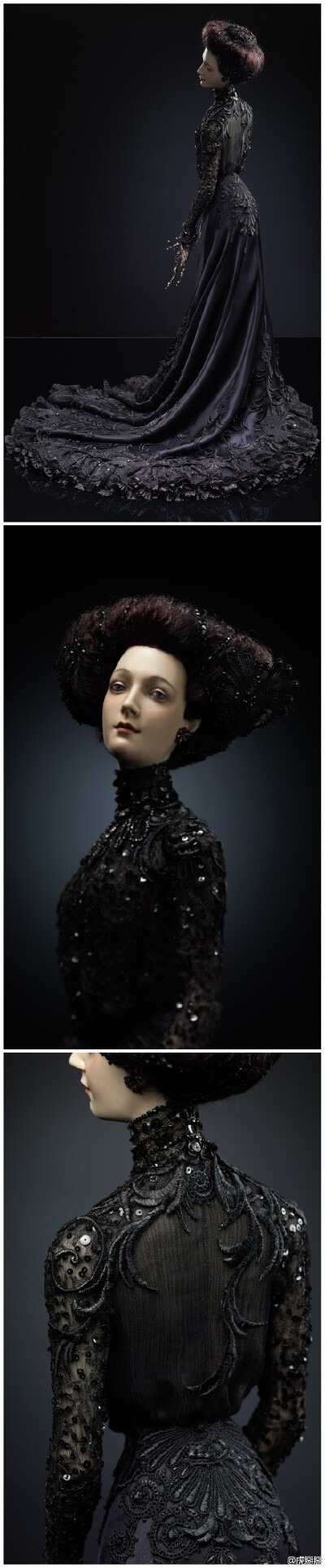 《尽奢尽美》为什么Alexandra Kokinova的人偶华丽得如此真实？因为她作品中除了人体是陶瓷的，其余的饰物都是真家伙：貂毛、真丝、裘皮、珍珠、金银、水晶、文物古珠....鞋甚至用袋鼠皮，头发用马海毛，可谓极尽奢华…