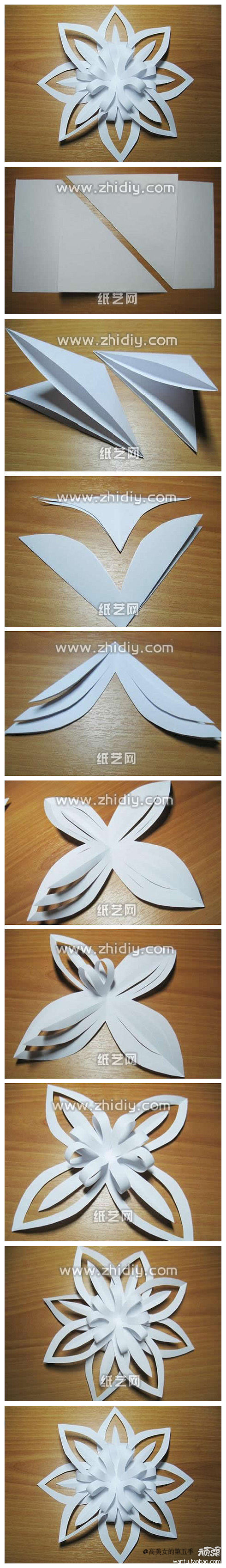 纸色不限，白色纯净，彩色绚丽！剪两张同样花型同样大小的花片，先将其中一片如图翻折，另一张如法炮制交错摆放在一起就成了美丽的立体花朵！虽然做法超级简单但一开始做的花型不是很完美，先用报纸呀广告纸呀练练手吧！