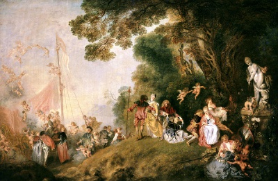 让-安托万.华托：《舟发西苔岛》。1717年。布面油画，1.3×1.9米。巴黎卢浮宫