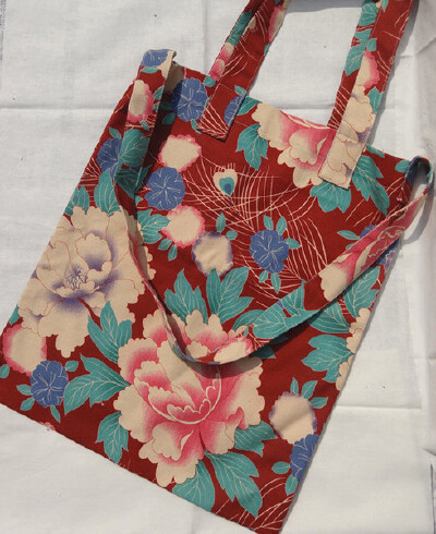 复古红色大花朵棉帆布环保袋/购物袋/环保袋