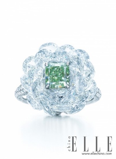 在2013年，Tiffany推出了令人瞩目的Blue Book系列，里面包括了大量的彩钻珠宝作品。这枚绿钻戒指的镶爪几乎隐藏，包围在绿钻周边的白钻就如同玫瑰花瓣一般围绕在周围，十分剔透。
