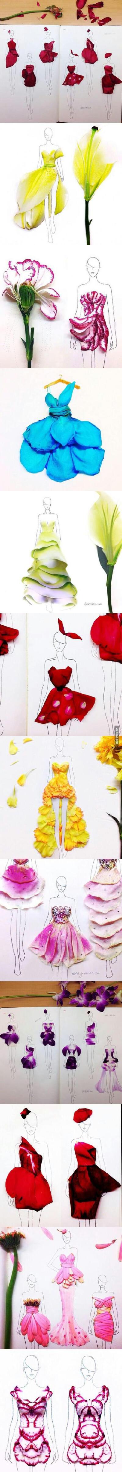 国外网站上看到的插画搭配花瓣的服装设计图