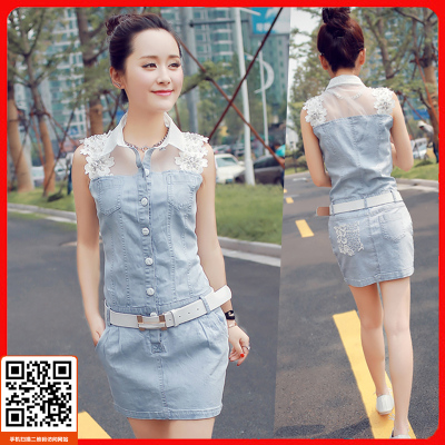 夏装新品时尚修身无袖牛仔连衣裙甜美网纱拼接高贵钉珠奢华连身裙