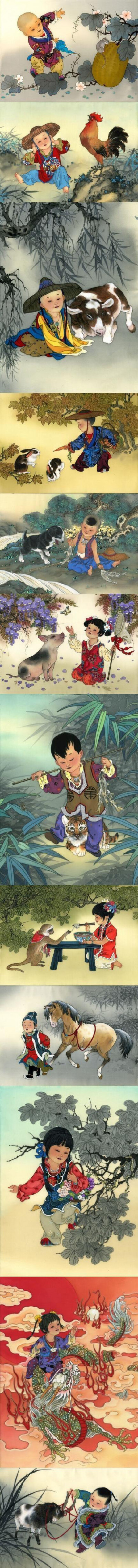 很萌的古典十二生肖插画。（源自网络）