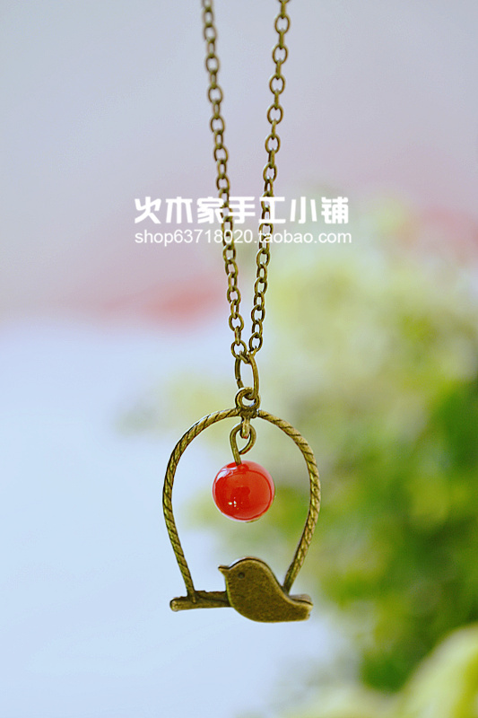 森林系森女纯手工复古青铜红豆红果浆果鸟笼项链锁骨链文艺定制