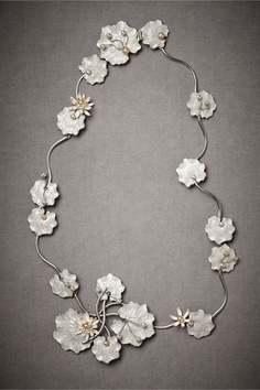 Necklace | Debra Moreland. &amp;quot;Lily Pad&amp;quot; Rhodium plated brass, ivory, white glass pearls