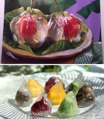  水晶粽子：水晶糕粉，可用马蹄糕粉，或者其他能变透明的任何粉代替，砂糖和水搅拌均匀，煮沸腾到透明状，找个深坑模具，上面套保鲜膜，放樱桃或者其他切碎的水果，放入水晶浆，用线扎上口，放冰箱冷却。凝固后除去…