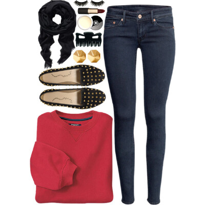 A fashion look from June 2014 featuring INC International Concepts sweatshirts, H&amp;amp;M jeans and Rebecca Minkoff earrings. Browse and shop related looks.