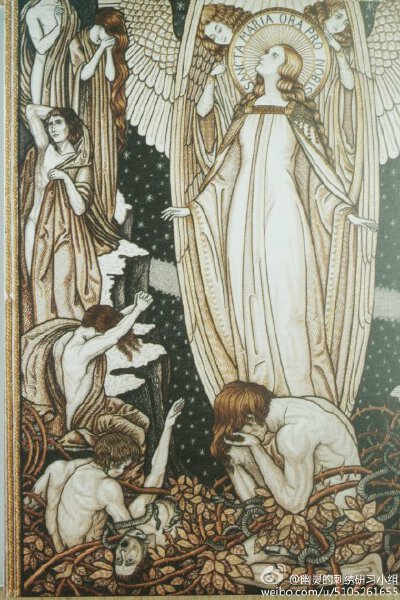 圣母颂，英国皇家刺绣学院所做。 Litany of Loreto, from the Royal School of needle work Collection. 虽然是宗教题材，但我真的很喜欢这种版画一样的刺绣手法和金与黑的配色。