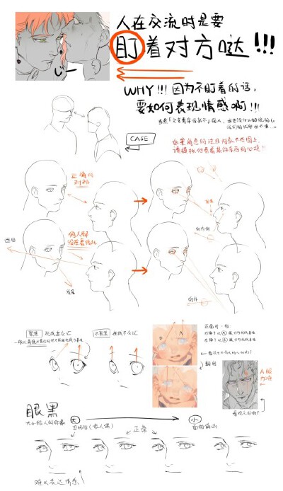 一旦发现画中该看着某样东西或者镜头的人物却没真的在看那边就特别心塞，特别影响阅读。又画了一个解释为什么聚焦很重要，什么叫聚焦，以及怎样的眼黑给人怎样的感觉的这么一个东西，字丑对不起。结合之前那个看最…