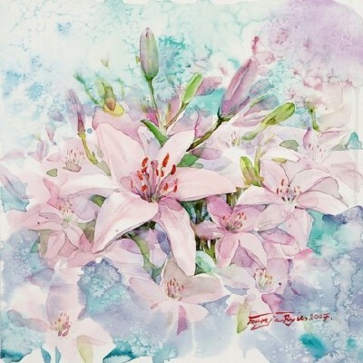 淡淡的水彩花，很美。來自韩国画家Ryu Eunja作品。
