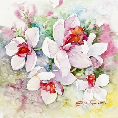 淡淡的水彩花，很美。來自韩国画家Ryu Eunja作品。