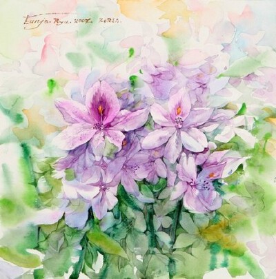 淡淡的水彩花，很美。來自韩国画家Ryu Eunja作品。