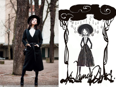 帽子是malene birger，衬衣来自marc cain 11fw，大衣来自marc jacobs，靴子来自topshop。