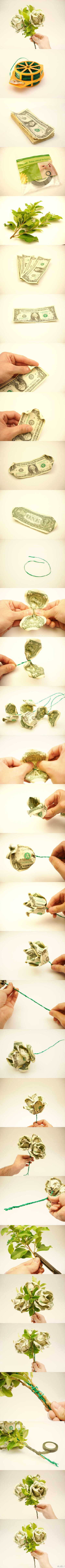 #Dollar Bill Flower Bouquet# by LoMac。哦呵呵~钞票花束！绿油油的美元配绿叶子，红彤彤的毛爷爷就配红花嘛！谁结婚用这个做捧花，肯定抢得很热闹XD，或者圣诞当做礼物送女友，也是不错哒~我们女性其实就喜欢这么…