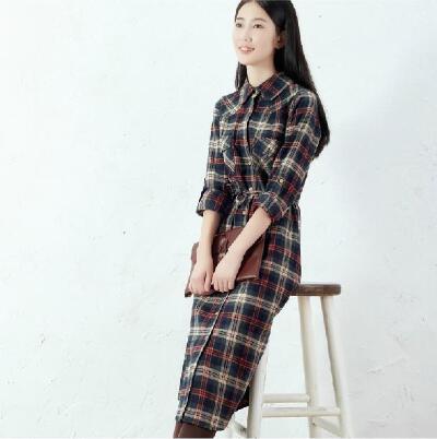 韩国秋冬森女小清新格子长袖连衣裙韩版复古文艺格纹长裙