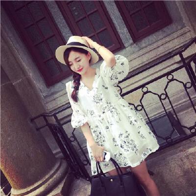 VIVISHOP2015春 清新俏皮雪纺欧根纱V领花朵雪纺上衣连衣裙女