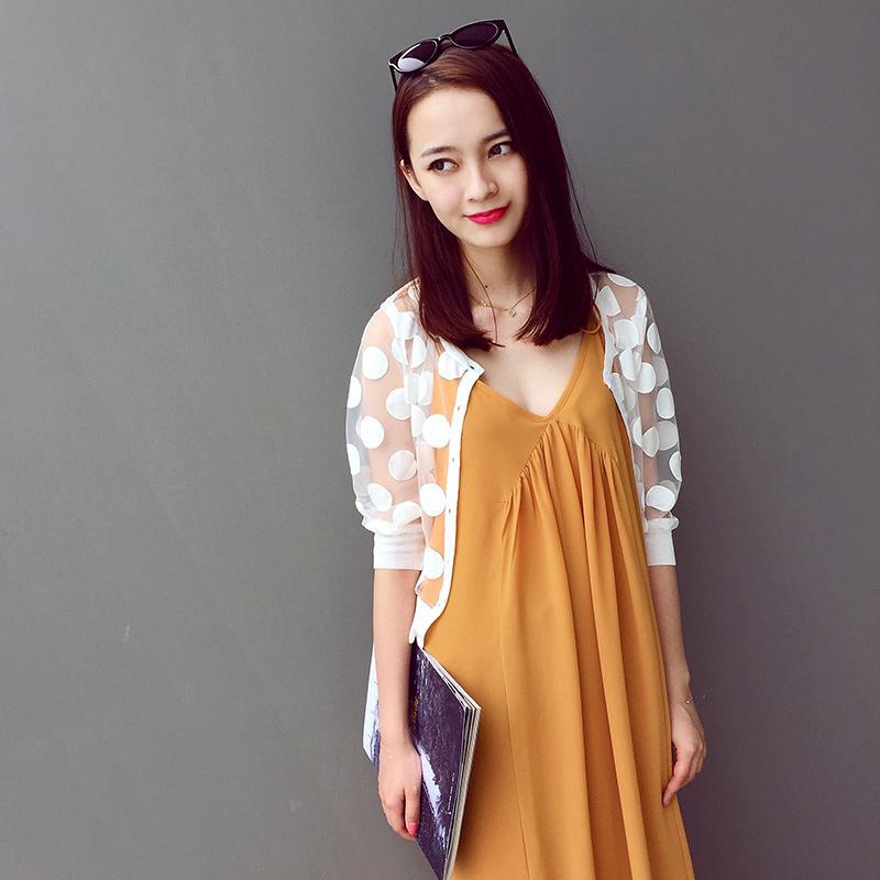 TAKIYAS SHOP 质感佳！波点拼欧根纱圆领半透短款针织开衫防晒衫