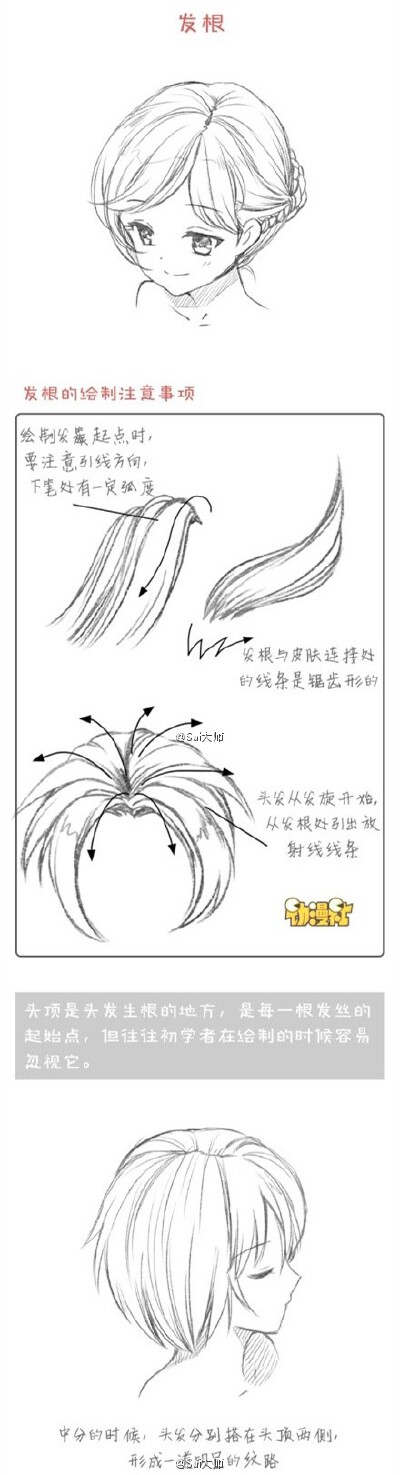 #绘画学习# 非常详细的头发绘制教程！发丝、发簇、发梢、发根都有讲解到！一头秀发其实画起来有大学问呢，画头发你会了吗？（@CC动漫社）