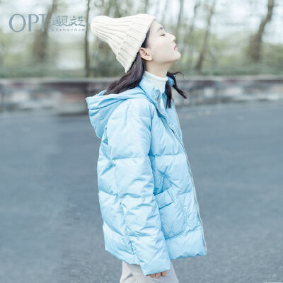 OPT2015冬装新款 文艺小清新连帽百搭短款保暖白鸭绒羽绒服女Y681