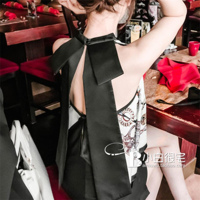 2016夏装新款女装 韩国代购露背大蝴蝶结挂脖印花丝滑背心上衣