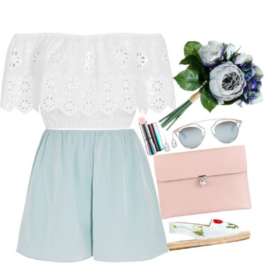 A fashion look from July 2016 featuring white off the shoulder shirt, elizabeth and james shorts and espadrille sandals. Browse and shop related looks.