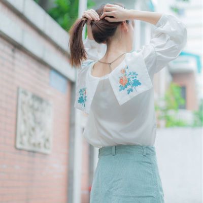 野挞 2016新款夏装女装印花娃娃领日系打底衬衣 长袖雪纺衬衫女