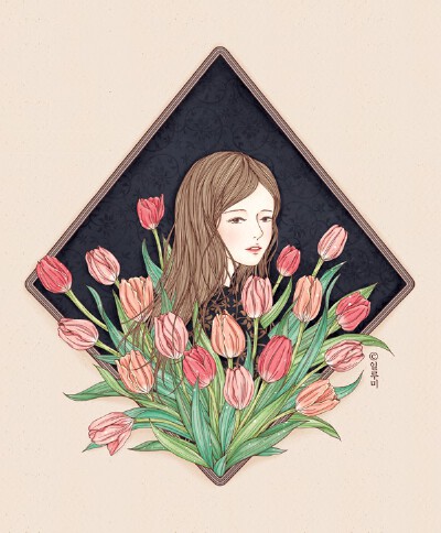 少女 花 清新小插画 By miru02