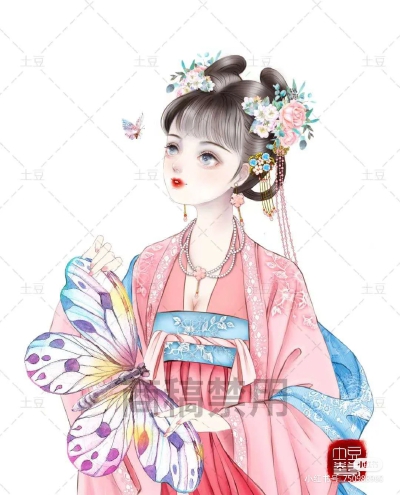 唯美古风人物插画，作者:画画中的土豆，图片来源于小红书，侵删