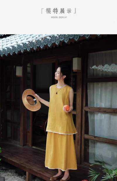 说与山听「黄昏晓」黄色亚麻松弛套装上衣半身裙日系风格女夏