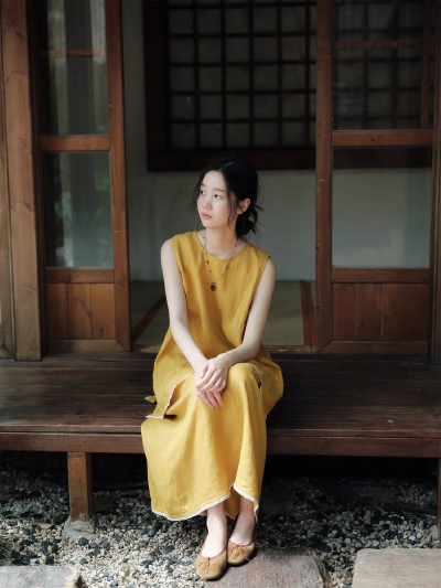 说与山听「黄昏晓」黄色亚麻松弛套装上衣半身裙日系风格女夏