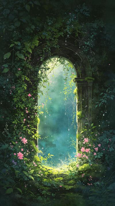 藤蔓缠绕旧石拱，繁花封存秘境之门，光雾漫入旧时光，藏着永不褪色的林间绿梦。