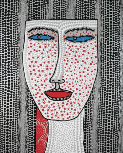 草间弥生《蓝眼睛的外国人》（In a foreign country of blue-eyed people），丙烯油画，227.3 × 181.8 cm，2011 