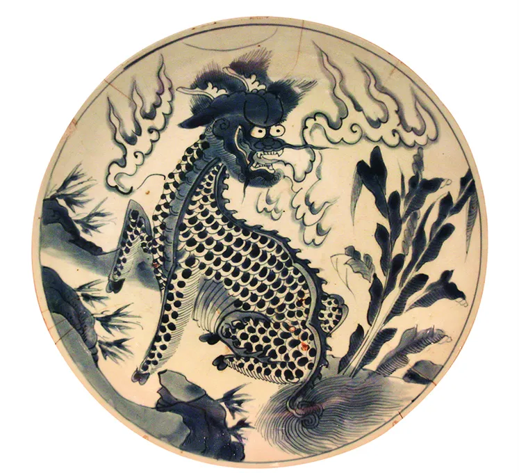 清顺治 青花麒麟芭蕉纹盘