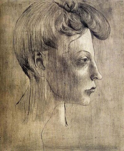 《Head of a Woman in Profile_简介中的女性头像》1905年，
毕加索纸本干点蚀刻，29.1 x 24.9 cm