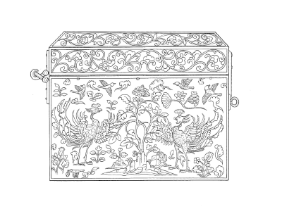 唐代 孔雀纹银方盒（侧面凤鸟纹） 盒侧线稿