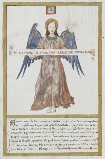 《秘符圣术》手稿（BnF Latin 7153）正文前的祈祷文，约15世纪。祈祷文祈求天使在读者开始使用这部著作之前，保护其免受邪恶的侵害。