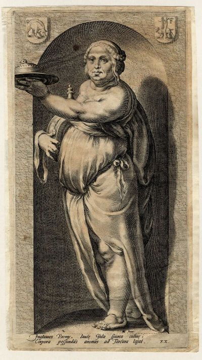 ▲铜版画《七宗罪之“暴食”》（约1600年）荷兰版画家马塔姆（J. Matham，1571 – 1631）作现藏于萨尔茨堡大学图书馆