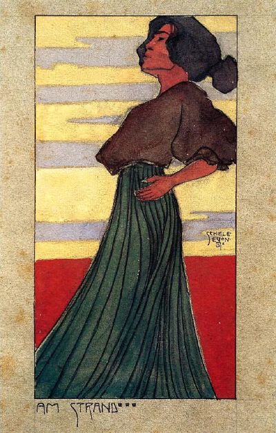 《On the Beach, Moonlight_在月光下的海滩上》埃贡·席勒，1907年，纸上水彩画，20.4 x 11.38 cm，私人收藏