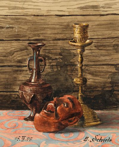 《Stillleben mit Kerzenleuchter, Vase und Maske》1905年，埃贡·席勒，水彩画