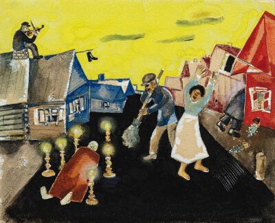 《The deceased》马克·夏加尔，1924年，纸上水彩、水粉和蜡笔画，34.9 x 42.9 cm，私人收藏