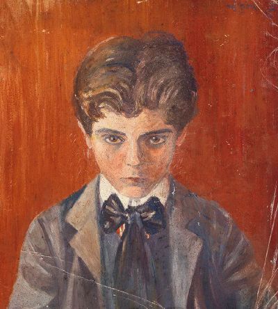 《Selbstbildnis vor rotem Hintergrund_红色背景前的自画像》埃贡·席勒，1906年，纸板水粉画，30.6 x 28 cm，私人收藏