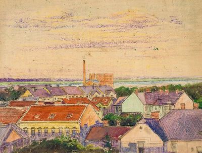 《Stadtansicht》埃贡·席勒，1906年，水彩、蜡笔、纸张，私人收藏